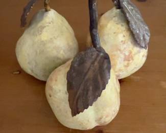 Set of 3 Rustic Decorative Artificial Pears with Metal Leaves
