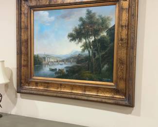 Framed Landscape Oil Painting of European River Scene