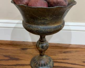 Rustic Aged Metal Pedestal Compote Bowl with Pomegranates