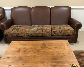 Brown Leather Sofa with Patterned Fabric Seat 90 x 48 x 40