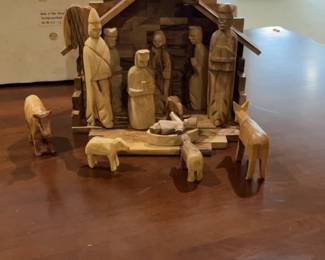 Hand-Carved Olive Wood Nativity Scene Set with Stable