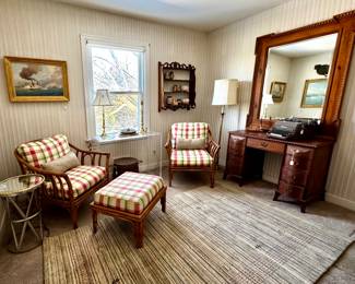 Bamboo Chairs with ottoman, Century Furniture large wooden mirror, collection of pottery and carved animals, superb rug