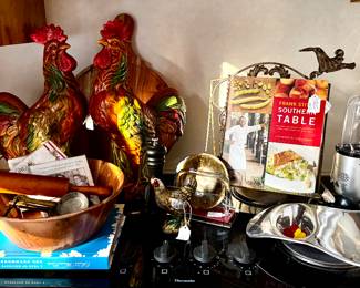 Cookbooksm decor, plates, pots and pans....