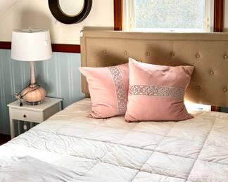 Custom Pillows. Down Bedding. Adorable glass lamps