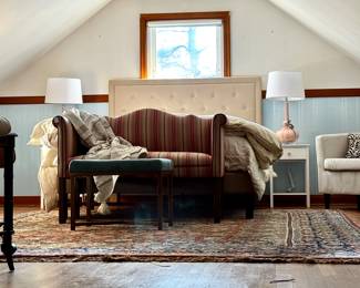 NEW Queen Upholstered Headboard with NEW mattress, Down Bedding, Rugs from Iran, Super cute upholstered bench, BASKETS, TV's, White Chest of Drawers....