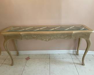 Blonde Wood Console Table W/ Glass Top (Most Likely Drexel Heritage)