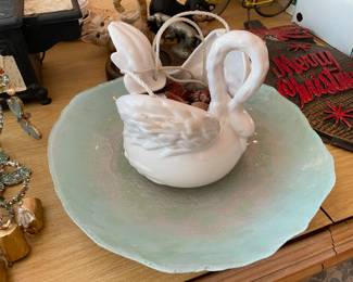 Hanging Swan Planter W/ Art Glass Platter