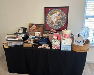 C5 - $30 Random Lot. Take ALL for $30. Storage boxes, framed puzzle art, fax machine, scrapbooking items, etc. 