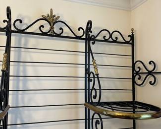 H8 - $350. Brass & Iron Bakers Rack. Measures 48" wide x 20" deep x 85" tall. Does NOT come apart to transport.
