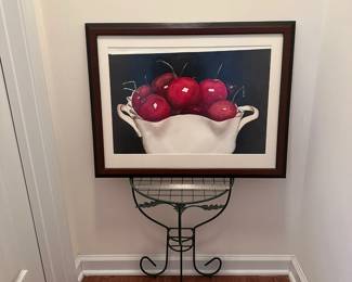 H15 - $40. "Bowl of Cherries" framed watercolor. Measures 26.5" x 20.5". Painting has slid down but can easily be fixed.