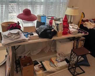 C14 - $20. Random Decor LOT. Paper, Side Table, Lamp, Baskets etc. 