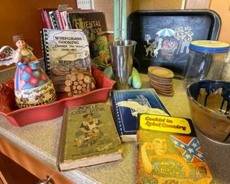 Old cookbooks, milkshake mixer 
