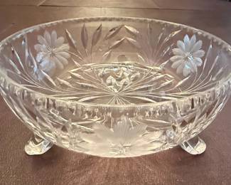 American Brilliant Cut Glass Footed Bowl with Floral Etchings