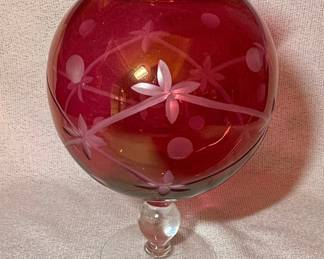 Etched Cranberry Glass Pedestal Vase with Floral Design