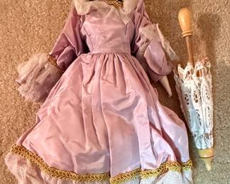 Antique German Parian China Head Doll with Parasol