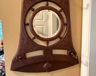 Victorian Carved Walnut Hall Mirror with Coat Hooks and Shelf