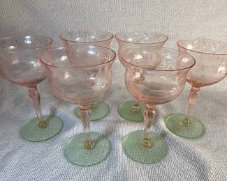Set of Pink Depression Glass Watermelon Coupe Glasses with Uranium Green Bases