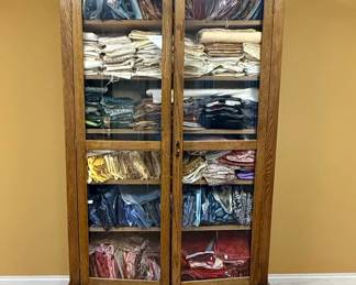 Oak Curio Cabinet with Glass Doors and Drawers
