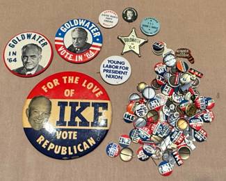 Collection of Political Campaign Pins and Buttons Eisenhower, Goldwater, and Nixon