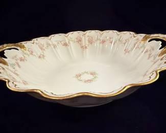Theodore Haviland Limoges France Schleiger E Pink Roses Fruit Bowl with Gold Gilt Handles