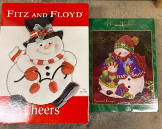 Fitz and Floyd Cheers Snowman Chip and Dip Set and Dillards Snowman Canape Plate