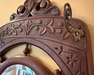 Victorian Carved Walnut Hall Mirror with Coat Hooks and Shelf second image