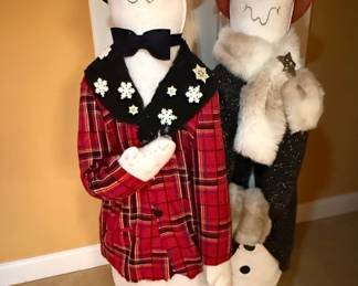 Pair of  Tall Plush Decorative Standing Snowman Figures