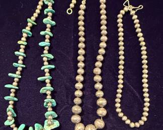 Three Sterling Silver Necklaces Turquoise Heishi, Sterling Graduated Beads, Sterling Smooth Beads