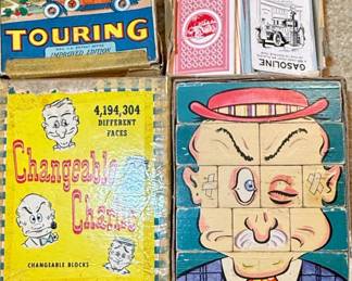 Vintage Touring Automobile Card Game and Changeable Charlie Blocks