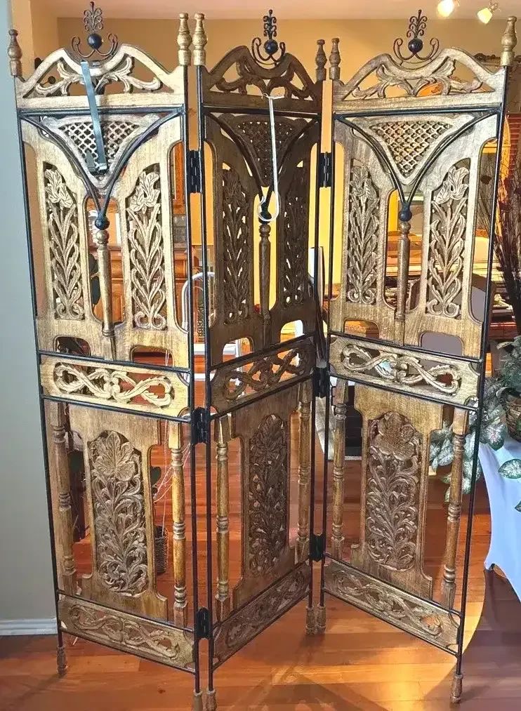 Vintage 3 Panel Carved Wood Wrought Iron Room Divider Screen 78.5 Inch Tall