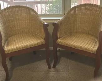 Pair Wicker Barrel Chairs with Wood Frames
