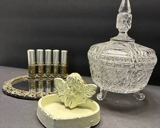 Vintage Vanity Set with Glass Jar, Lipstick Holder Tray