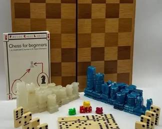 Chess Set Mexican Train Dominoes Game Lot w Wooden Board Pieces