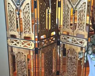 Vintage 3 Panel Carved Wood Wrought Iron Room Divider Screen 78.5 Inch Tall