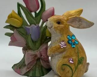 Cast Iron Floral Door Stop and a Decorative Easter Bunny Figurine