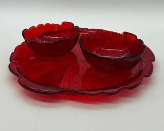Vintage red glass serving platter with two bowls