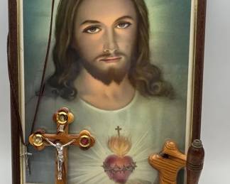 Heart of Jesus Print, Wood Crosses and Hand Bell