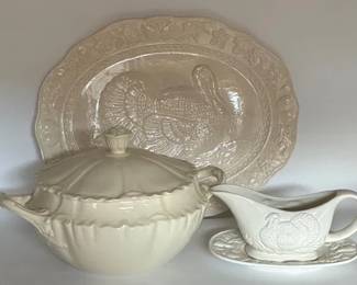 Vintage Chesapeake Pottery Large Oval Turkey Platter White Covered Soup Tureen Serving Bowl w Lid