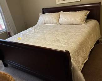 Dark Wood Sleigh Bed with Bedding Set adjustable frame