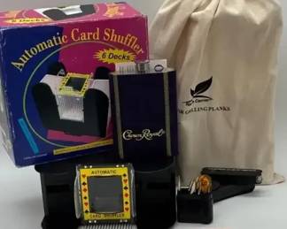 Vintage Card Bar Misc. Lot Automatic Card Shuffler, Crown Royal Bag, Flask Swiss Army Knife
