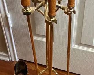 Vintage Brass Fireplace Tool Set with Wood Handles 5 Piece