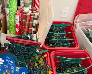 Vintage wrapping paper and lots of Christmas lights