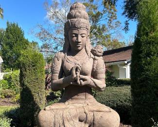 Monumental Hand-Carved Balinese Devi Tara Lava Sculpture Museum-Scale | Rare | One of Few in the United States This sculpture was hand-carved by master artisans in Bali using traditional methods passed down through generations. Created over the course of many months, this work represents temple-quality craftsmanship at a scale rarely seen outside Southeast Asia. Standing 94” tall, 44” wide, and 33” deep, & weighing approximately 4,500 lbs, the sculpture possesses a commanding yet serene presence. The carving displays exceptional detail—from the finely articulated facial features and elaborate headdress to the flowing garments and ornamentation—demonstrating the highest level of Balinese lava carving artistry. Details Origin: Bali, Indonesia Subject: Devi Tara Material: Hand-carved natural Balinese lava stone Dimensions: 94” H × 44” W × 33” D Weight: Approx. 4,500 lbs Condition: Excellent, with natural lava patina.