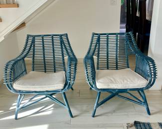 Serena & Lily Venice Rattan Accent Chairs (Pair). Hand-bent rattan frame In Indigo blue. Dimensions: Approximately 32.5" W x 30" D x 35.5" H