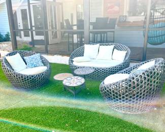 Mason Wicker Outdoor Cocoon Chair, Set Of Two. Mason Wicker Outdoor Loveseat. Outdoor Coffee Table