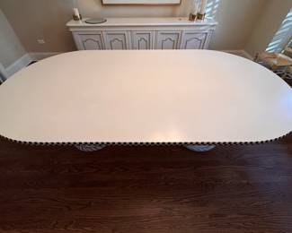 MacKenzie-Childs Courtly Check Pattern Double Pedestal Dining Table. Measures 96" L x 48" W x 31.5" H with 30" Clearance. Photo 2 of 6. 