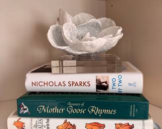 Books & Magnolia Sculpture on Lucite Base. Photo 1 of 2. 