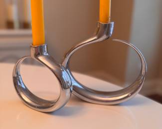 Nambe Candle Holders. Small Measures 5" H x 5.5" W; Large Measures 5" W x 7" H. 