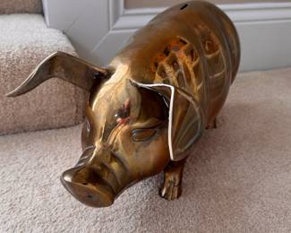 Vintage 1960s Solid Brass Pig Figurine Piggy Bank. Measures 22" L x 9" W x 9" H. Photo 1 of 4. 