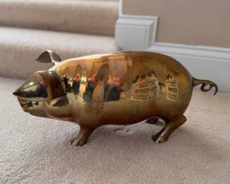 Vintage 1960s Solid Brass Pig Figurine Piggy Bank. Measures 22" L x 9" W x 9" H. Photo 2 of 4. 